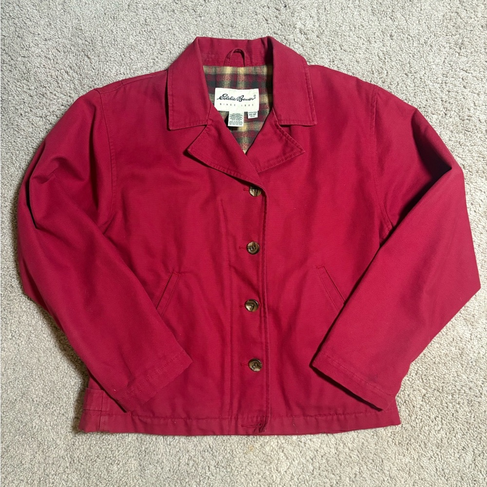 Eddie Bauer red cotton flannel lined barn coat women’s petite XS